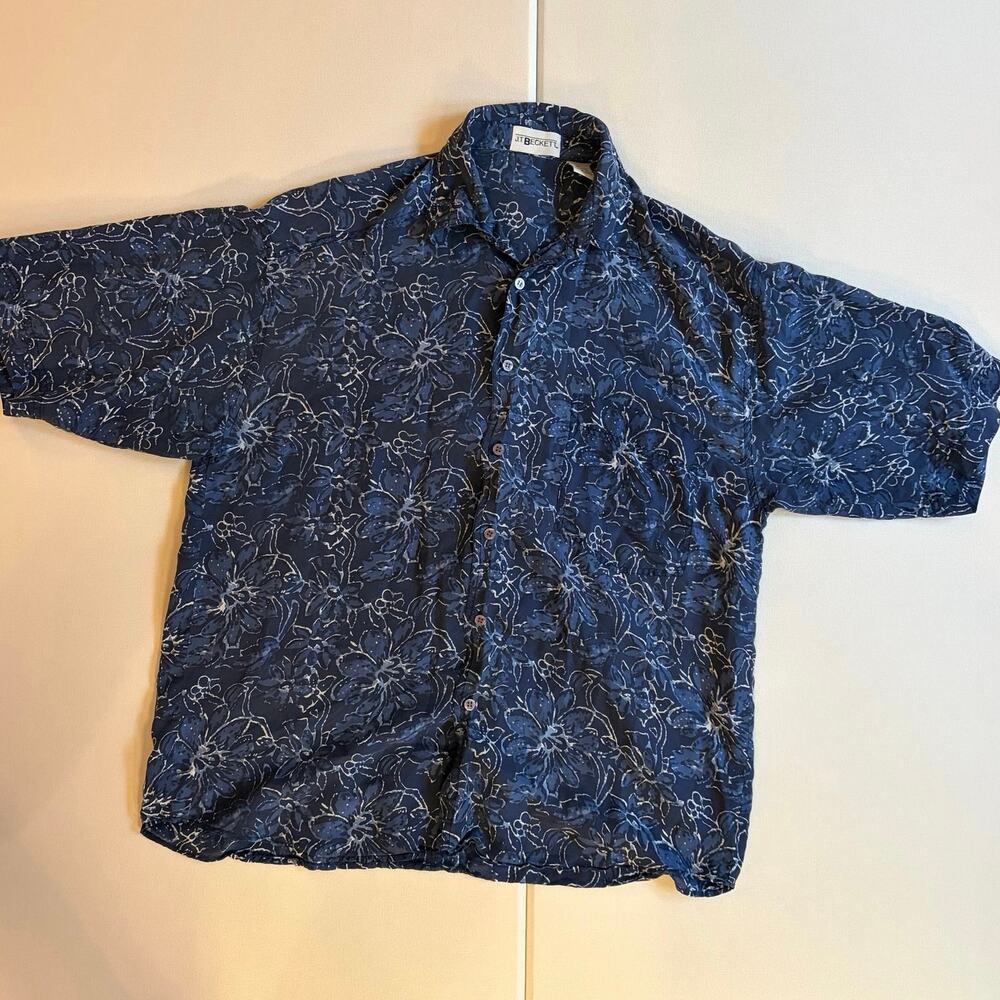 JT Beckett 100% Silk Blue Hawaiian Floral Button Up Shirt M